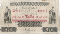 Ten Pounds, 23 July 1887, U/14 10534, signature of Henry (?), 57 branches in four lines (Pick A27a). A 5mm tear and...