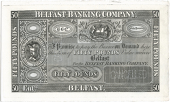 Fifty Pounds, Trial, black and white front for Belfast Banking Co and blue back for Belfast Banking Co Ltd,...