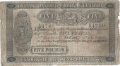 Five Pounds, 5 December 1905, A/B 4760, signature not discernable, 39 branches (Pick A51). Some damage to right edge...
