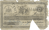 Thirty Shillings, 21 November 1843, no. 16999, Thurles, stamped CANCELLED three times on front, V-section cut out...