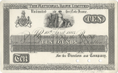 Ten Pounds, 10 April 1884, uniface proof on card, 85 branches in five lines, pencilled ‘16 May 1884’ at bottom...