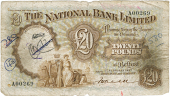 Twenty Pounds, 1 February 1937, A 00269, signature of F.H. Green (Pick 158). Pinholes, inked numbers either side, a...