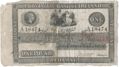 One Pound, 1 October 1857, A 18474, Athlone, stamped CANCELLED on right side  (Pick –). Split and rejoined at...