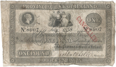 One Pound, July 1858, no. 8907, Carrick-on-Shannon, stamped CANCELLED on right side (Pick –). Split and rejoined...