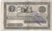 One Pound, 1 December 1843, no. 58728, Parsonstown, Post Office stamp on left side, CANCELLED DUBLIN on right side...
