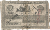 One Pound, 15 December 1859, C 5868, Sligo, stamped CANCELLED twice on front (Pick –). Split and rejoined at...