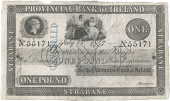 One Pound, 15 July 1857, no. 55171, Strabane, stamped CANCELLED on left side, name and address on back (Pick –)....