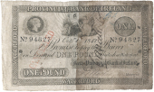One Pound, 1 October 1842, no. 94827, Waterford, handwritten and stamped CANCELLED on front (Pick –). Split and...