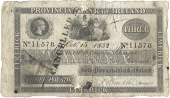 Three Pounds, 15 October 1852, no. 11578, Limerick, stamped CANCELLED at left (Pick –). Split and rejoined at...