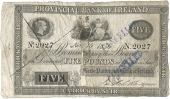 Five Pounds, 15 November 1856, no. 2027, Carrick-on-Suir, inked X on left half, stamped CANCELLED twice on right...