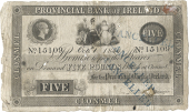 Five Pounds, 1 October 1844, no. 15109, Clonmel, stamped CANCELLED several times on the right half (Pick –). Split...