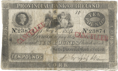 Ten Pounds, 2 May 1859, no. 23874, Cork, stamped CANCELLED twice on front (Pick –). Split and rejoined at centre,...