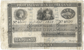 Ten Pounds, September 1852, no. 4650, Galway, stamped CANCELLED twice on front (Pick –). Split and rejoined at...
