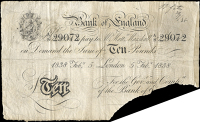 Ten Pounds, 5 February 1838, A/S 29072 (Dugg. B203d). Signature area torn off at bottom right, a few tiny holes in...