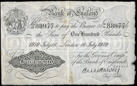 One Hundred Pounds, 16 July 1919, 19/O 88977 (Dugg. B.209e). A couple of light spots, otherwise very fine...