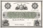 Twenty Pounds, 2 April 1867, A prefix, uniface, stamped SPECIMEN at bottom centre (Douglas 22). Good very fine to...