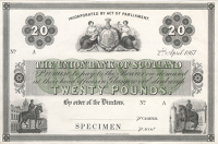 Twenty Pounds, 2 April 1867, A prefix, uniface, stamped SPECIMEN at bottom centre (Douglas 22). Good very fine to...