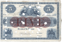 Five Pounds, 6 October 1909, uniface, annotated ‘Cancelled 13/9/11’ at upper left and ‘Cancelled’ at bottom,...