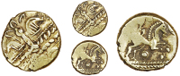 Early Uninscribed issues, Stater, British L [Whaddon Chase type], devolved head of Apollo, rev. horse right,...