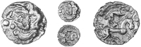Catuvellauni, Uninscribed issues, Unit, distorted head left, crescents for hair, pellets in front, crescent below,...