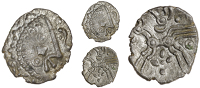 Dobunni, Early Uninscribed issues, Unit, abstract head right, rev. annuleted, triple-tailed horse left, annuleted...