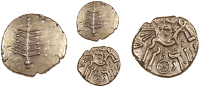 Dobunni, Anted, Stater, Dobunnic leaf emblem, rev. triple-tailed horse right, anted above, six-spoked wheel below,...