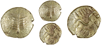 Dobunni, Eisu, Stater, Dobunnic leaf emblem, rev. triple-tailed horse right, eisv above, six-spoked wheel below,...