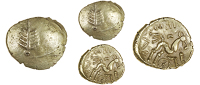 Dobunni, Corio, Stater, Dobunnic leaf emblem, rev. triple-tailed horse right, corio above, six-spoked wheel below,...