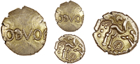 Dobunni, Bodvoc, Stater, [b]odvoc across field, rev. triple-tailed horse right, crescent above, eight-spoked wheel...