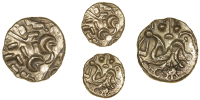 Corieltauvi, Uninscribed issues, Stater, South Ferriby type, devolved head of Apollo, rev. disjointed horse left,...