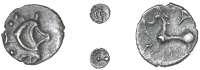 Iceni, Ece, Half-Unit, two opposed crescents, pellets around, rev. horse left, y above, ece retrograde below,...