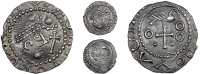 Early Anglo-Saxon Period, Primary series B1, Sceatta, diademed head right, pellets and cross in front, all within...
