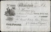 Co Waterford, Waterford, One Pound, 18—, unissued, on paper watermarked Congreve & Co, for Samuel Roberts, John...