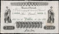 Five Pounds, 11 April 1921, T/34 80056, signature of S. Hinton, no title (Pick A38b). Two spindle holes on right...