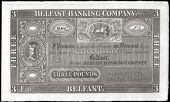 Three Pounds, trial note on paper, back with four blue circular panels, perforated CANCELLED twice (Pick –). About...