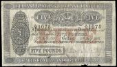 Five Pounds, 6 July 1916, AY 1075, signature of R. MacDonald, 44 branches (Pick A51). Some light staining because...