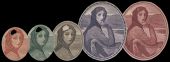 Lady Lavery vignette, proofs on paper in the adopted colours for the Ten Shillings, One Pound, Five Pounds, Twenty...