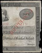 Four Pounds, 1829, no. 479, Limerick, right side only, stamped CANCELLED in red (Pick –). Lower right edge worn,...