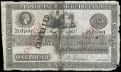 One Pound, 1 August 1860, B 6906, Cavan, stamped CANCELLED three times on front (Pick –). Split and rejoined with...