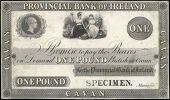 One Pound, Cavan, proof on card, stamped SPECIMEN at lower right (Pick –). Paper remnants and mount marks on back,...