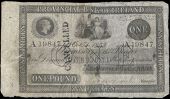 One Pound, 1 October 1853, A 19847, Enniskillen, stamped CANCELLED on left side (Pick –). Split and rejoined at...
