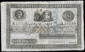 One Pound, 2 August 1852, A 17530, Parsonstown, stamped CANCELLED on right side (Pick –). Split and rejoined at...