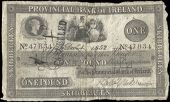 One Pound, 1 December 1852, no. 47834, Skibbereen, stamped CANCELLED on left side (Pick –). Split and rejoined at...