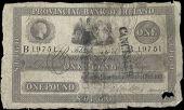 One Pound, February 1851, B 19751, Sligo, stamped CANCELLED on right side (Pick –). Split and rejoined at centre,...