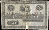 Two Pounds, 15 March 1856, no. 2424, Nenagh, stamped CANCELLED on right side (Pick –). Split and rejoined at...