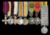 The mounted group of eight miniature dress medals worn by Major S. K. Flint, O.B.E., Royal Fusiliers, late Royal...