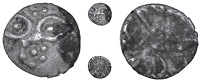 Corieltauvi, Vep Corf, Minim, two teardrop shapes containing pellets, pellet-ring above and below, rev. horse right,...