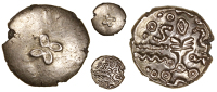 Early Uninscribed issues, Quarter-Stater, small four-petalled flower motif in plain field, rev. stylised trophy,...