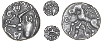 Atrebates and Regni, Commius, Unit, head with ‘ladder’ hair left, ornaments in front, rev. horse left, upright E...