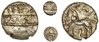 Atrebates and Regni, Tincomarus, Quarter-Stater, [t]incom between beaded lines, commi below, rev. horse left,...
